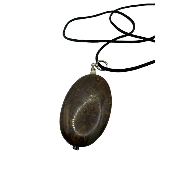 Brown Polished Oval Stone Pendant Necklace on Black Cord 16 inch - Picture 2 of 4